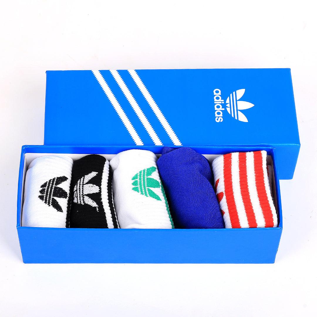 Adid 5 In 1 Cotton Blue, White And Black Coloured And Logo Designed Socks - Obeezi.com
