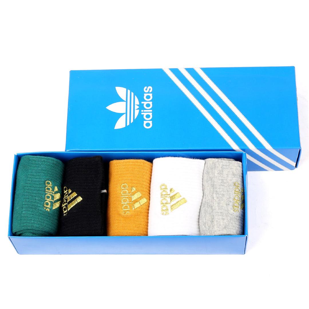 Adid Gold Logo Designed Cotton 5 in 1 Black, Ash, White, Blue And Gray Socks - Obeezi.com