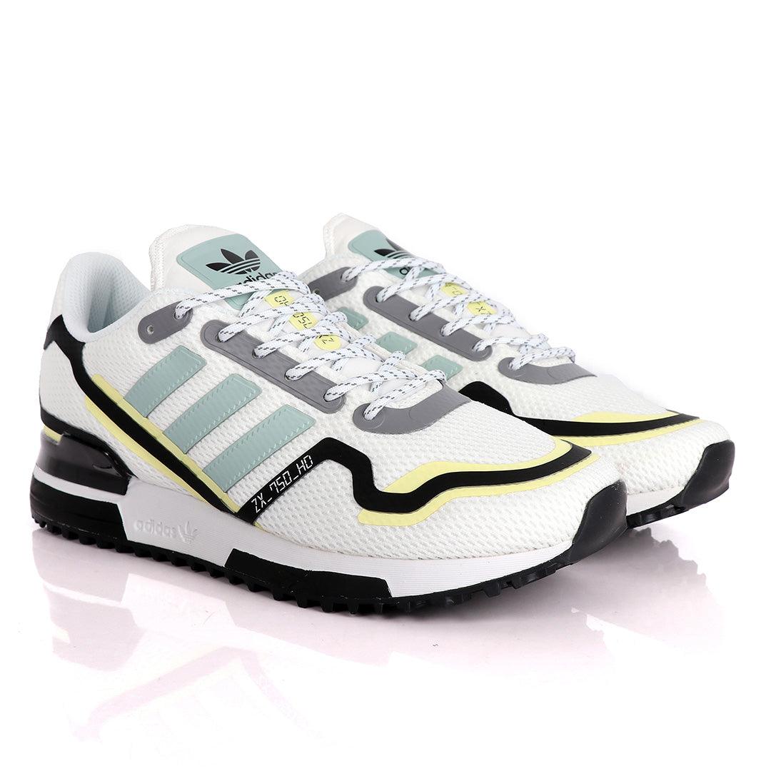 Adidas ZX 750 HD White Sneakers With Classic Yellow And Celeste Green Designs - Obeezi