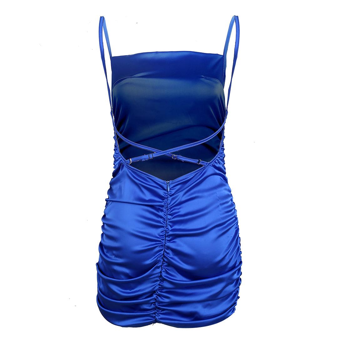 Adjustable Crisscross Ruched Strappy Bodycon- Blue - Obeezi.com