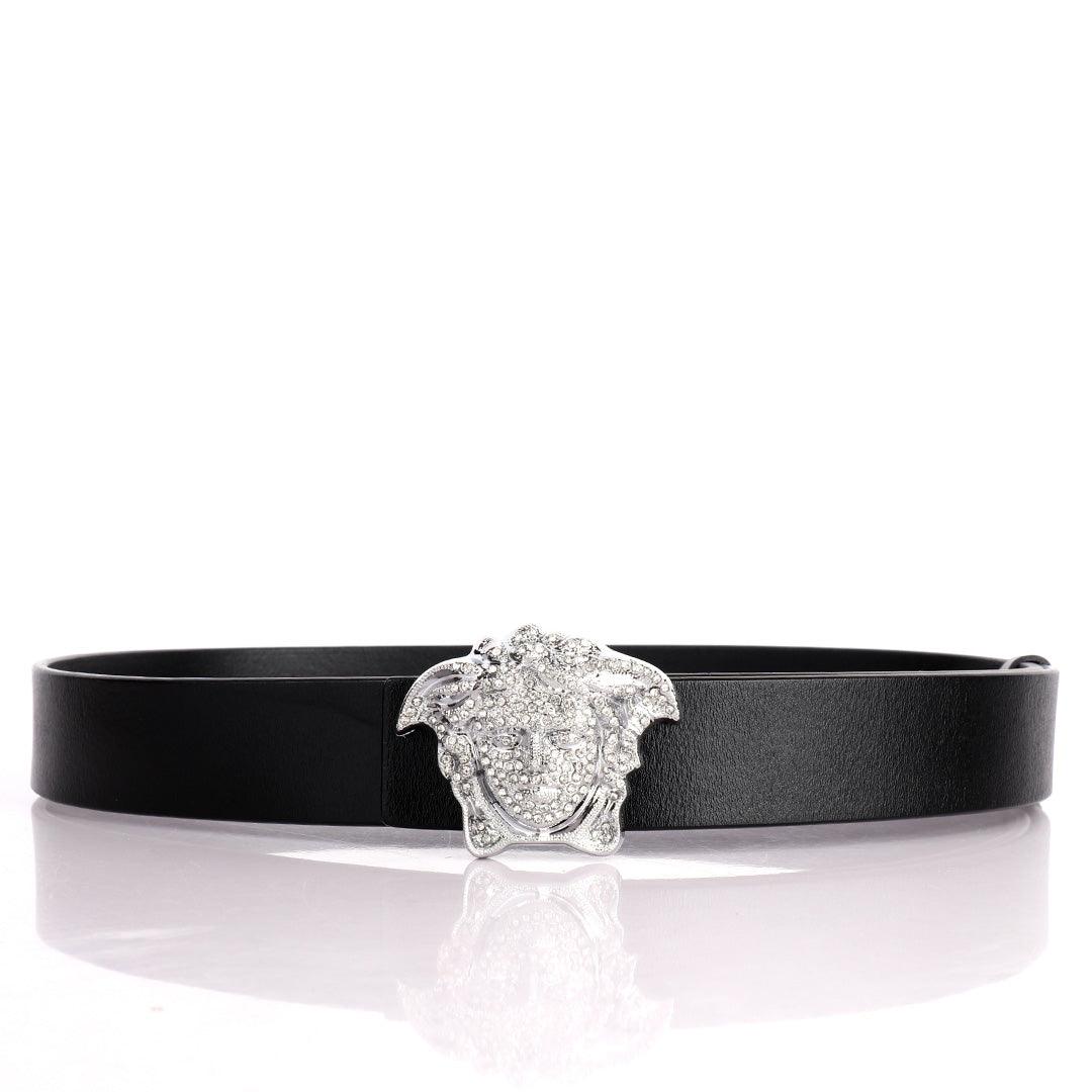 Authentic Versace Medusa Swarovski Silver Crystal Genuine Leather Black Belt - Obeezi.com