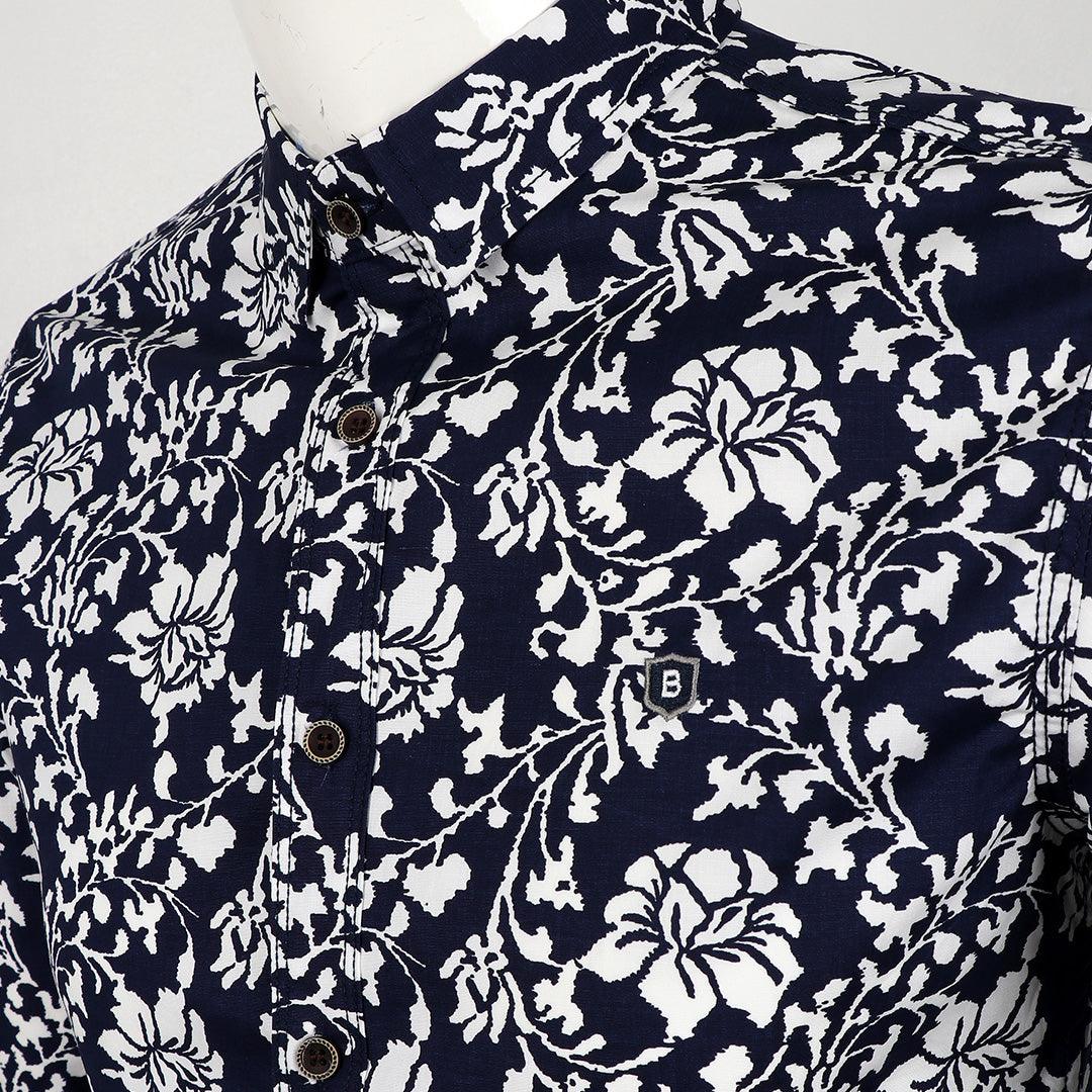 Bajieli New York Fit NavyBlue And White Floral Designed Shirt - Obeezi