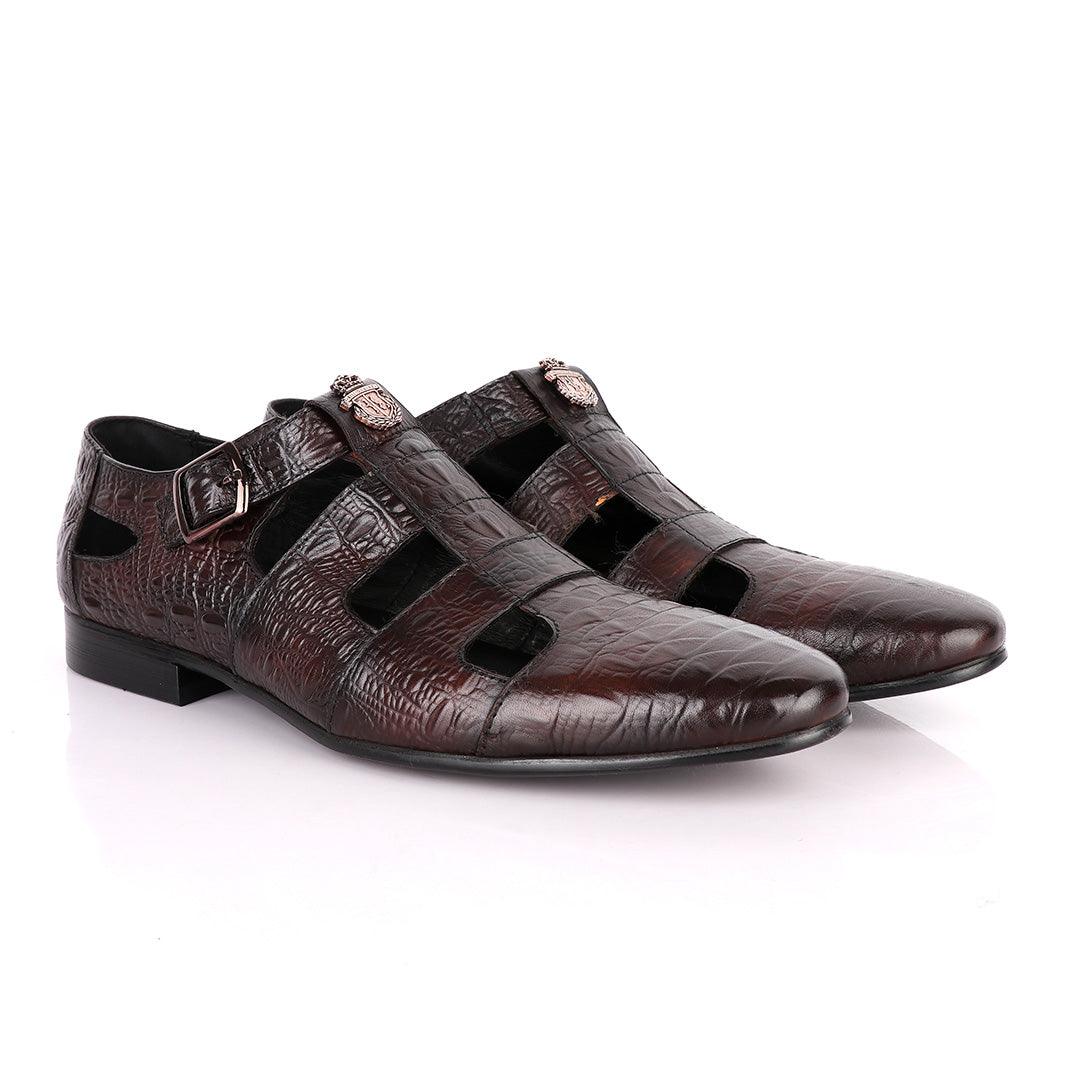 Billionaire Couture Croc Design Coffee Leather Shoe - Obeezi