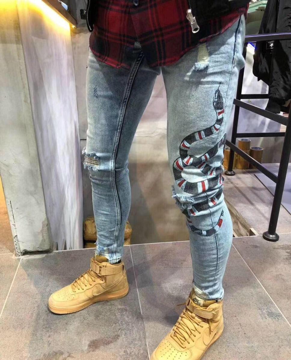 Blue Denim Snake Embroidered Jean - Obeezi