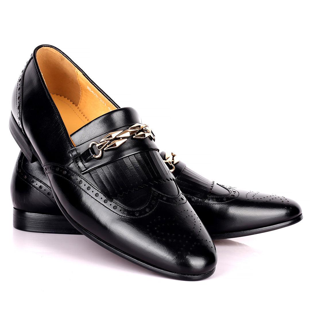 Dino Verratti Comfort Black Leather Fringe Chain Logo Designed Men's Shoes - Obeezi.com