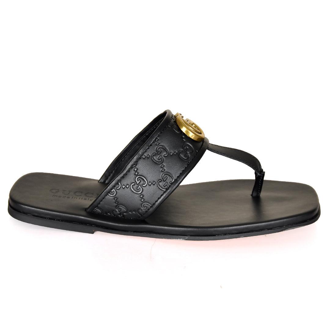 GC Created Leather Gold Logo Slippers- Black - Obeezi.com