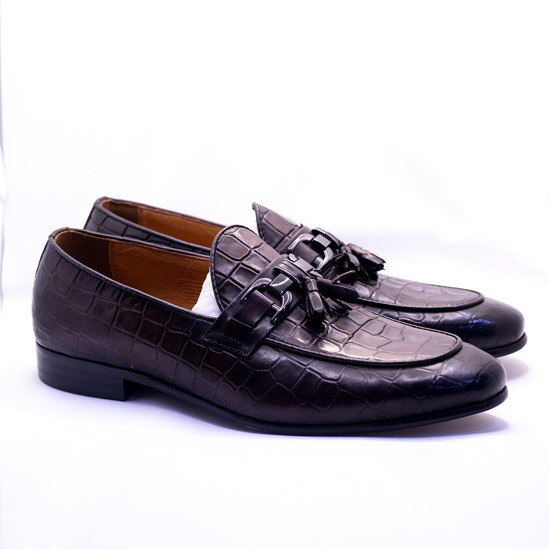 Gian Classic Tassel And Croc Designed Coffee Leather Shoe - Obeezi.com