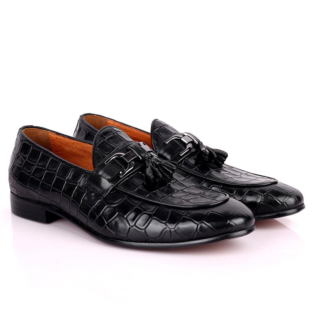 Gian Classic Tassel And Croc Designed Leather Shoe - Black - Obeezi.com