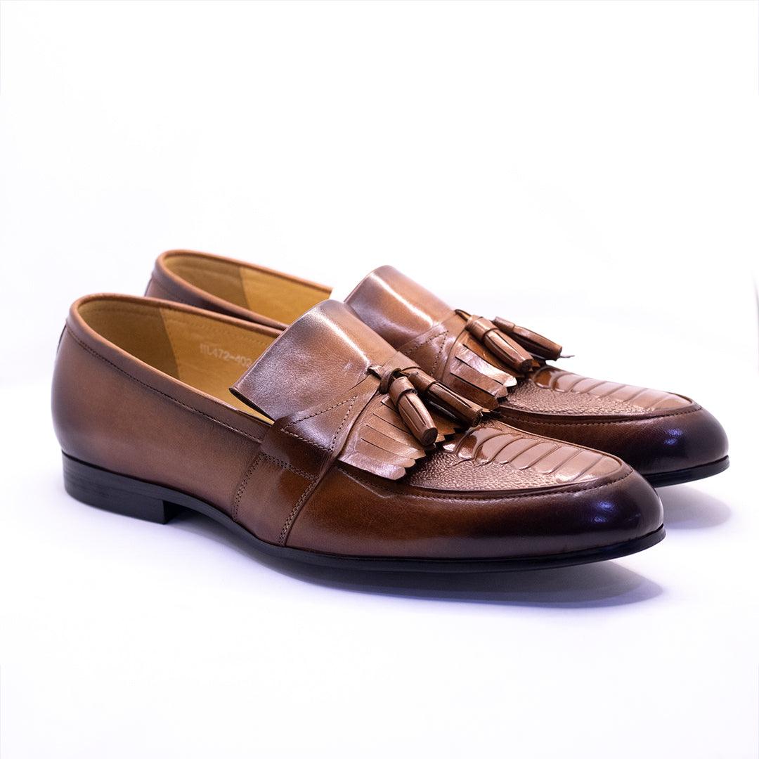 Gian Elegant Croc, Fringe And Tassel Designed Wet Tip Shoe - Brown - Obeezi.com
