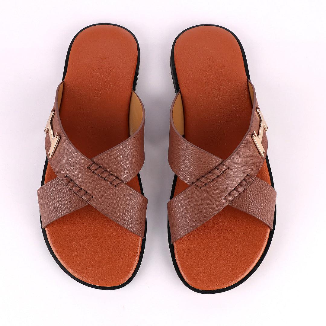 Hermes Paris Cross Strap Brown Leather Slippers - Obeezi