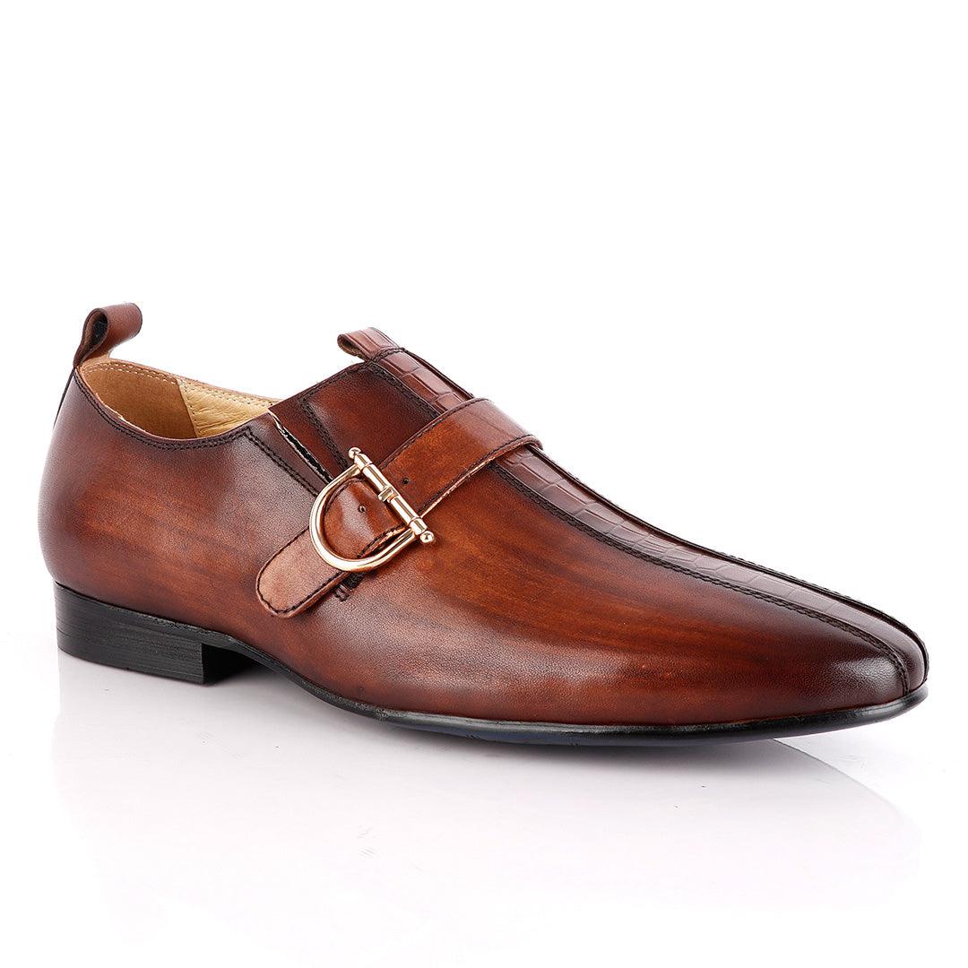 John Foster All round Coffee Leather Shoe With Strap - Obeezi