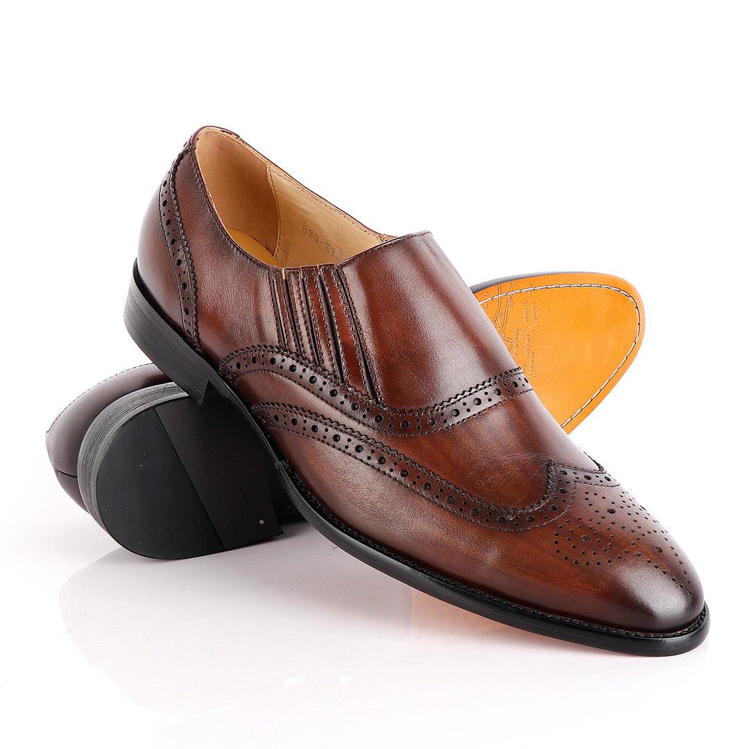 John Foster Coffee Slip On Brogue Shoe - Obeezi