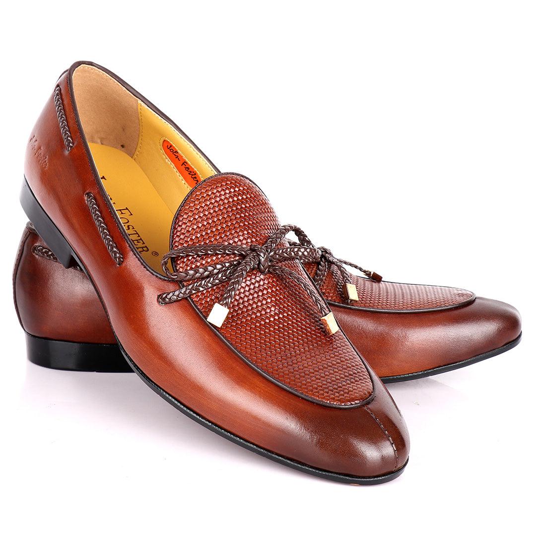 John Foster Custom Made Men's Leather Shoe With Woven Knotted Tassel- Brown - Obeezi.com