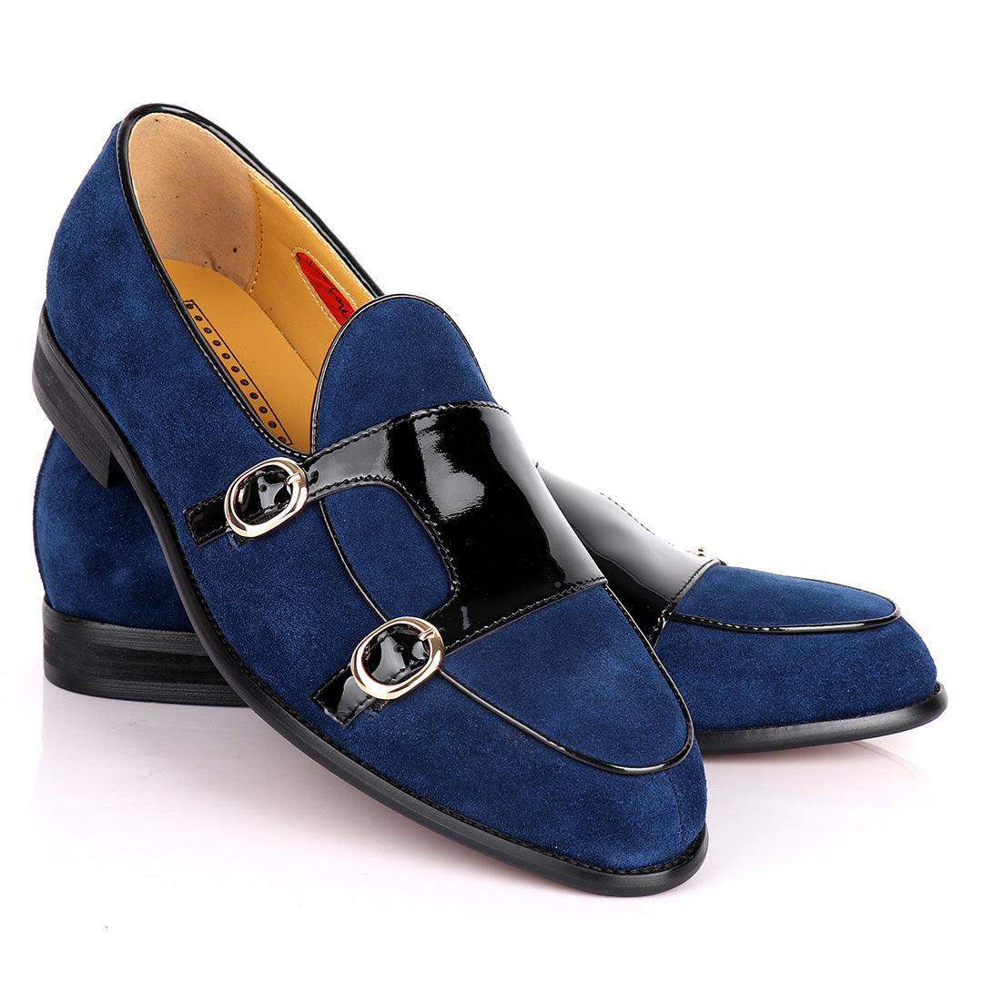 John Foster Double Monk Blue Suede And Black Wetlips Strap Shoe - Obeezi.com