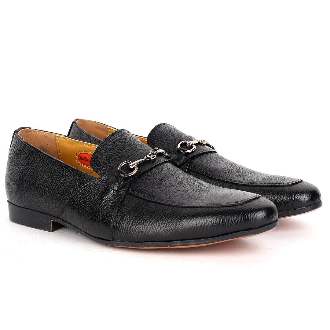 John Foster Exquisite Black Leather Patterned Designed Shoe With Gold Logo Design - Obeezi.com