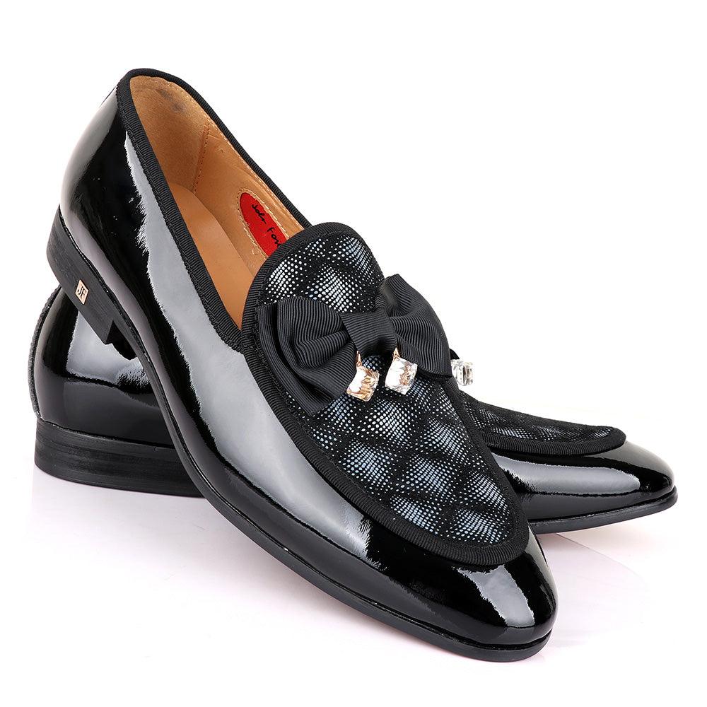 John Foster Glossy Black Bow Stone Designed Leather Shoe - Obeezi