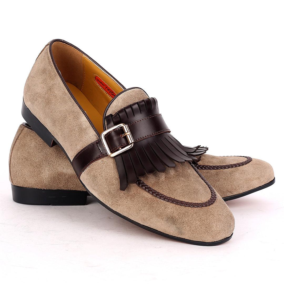 John Foster Grey Suede Leather Fringe Buckle Belt Designed Men's Shoe - Obeezi.com
