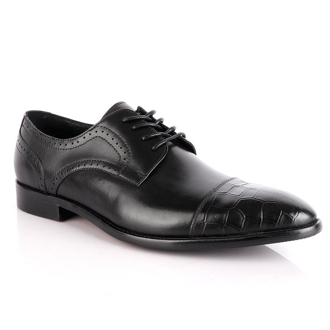 John Foster Oxford Half Croc Laceup Wingtip Black Leather Shoes - Obeezi
