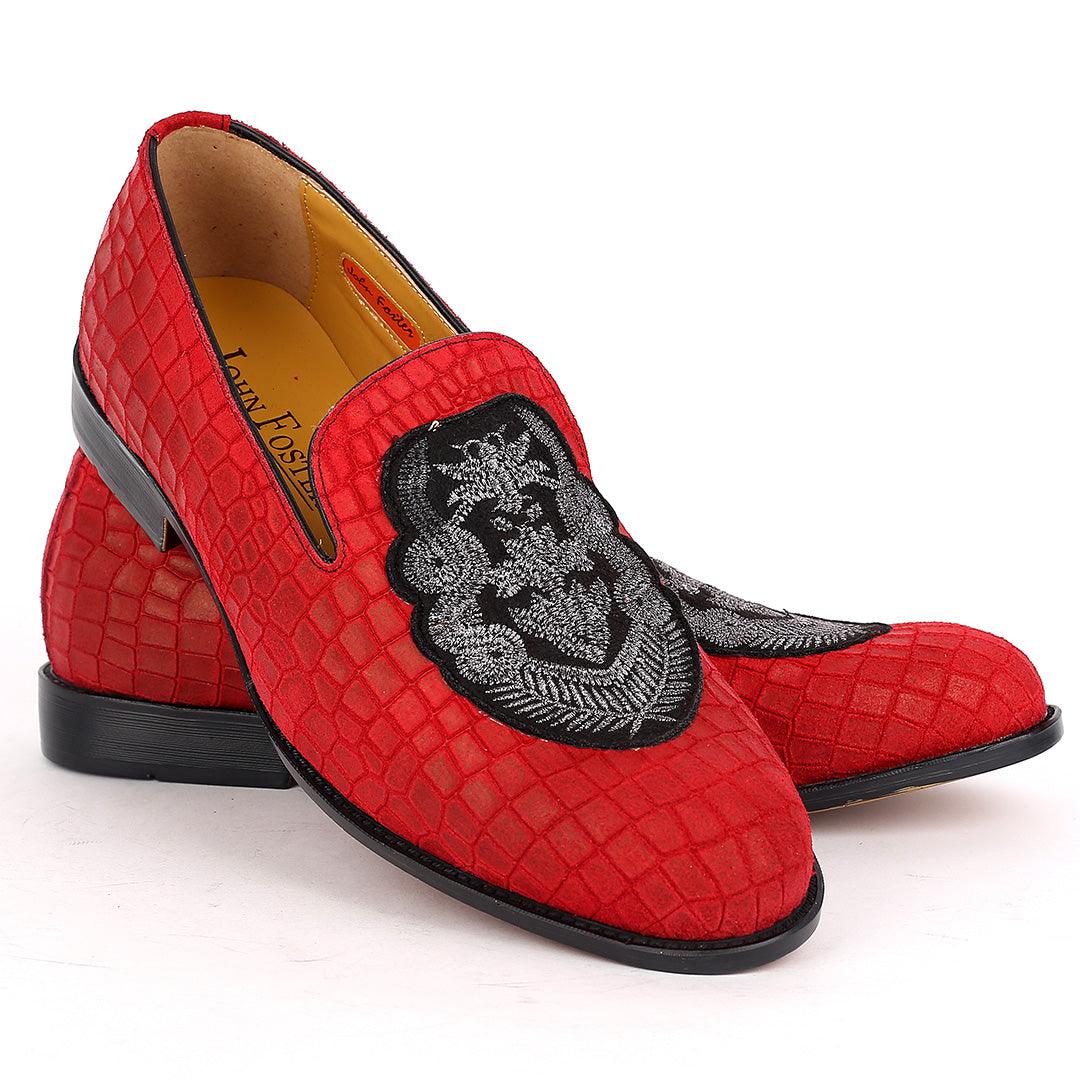 John Foster Red Crocodile Leather Crown Monogram Front Designed Shoes - Obeezi.com