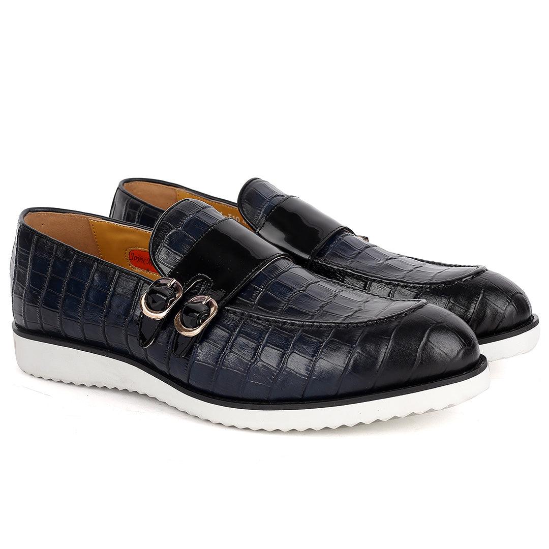 John Mendson Classy Navy-Blue Croc Leather With Glossy Double Strap Design And White Sole - Obeezi.com