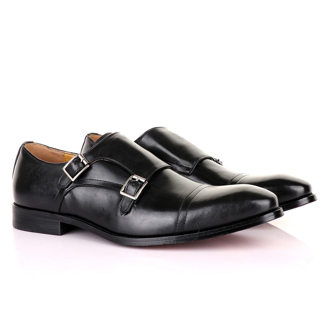 John Mendson Double Monk Strap Black Leather Shoe - Obeezi
