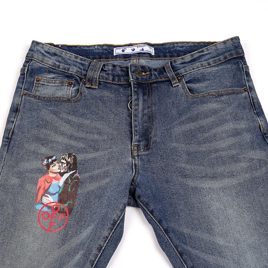 Men's Authentic Off Animated Print Designed Jean - Blue - Obeezi.com