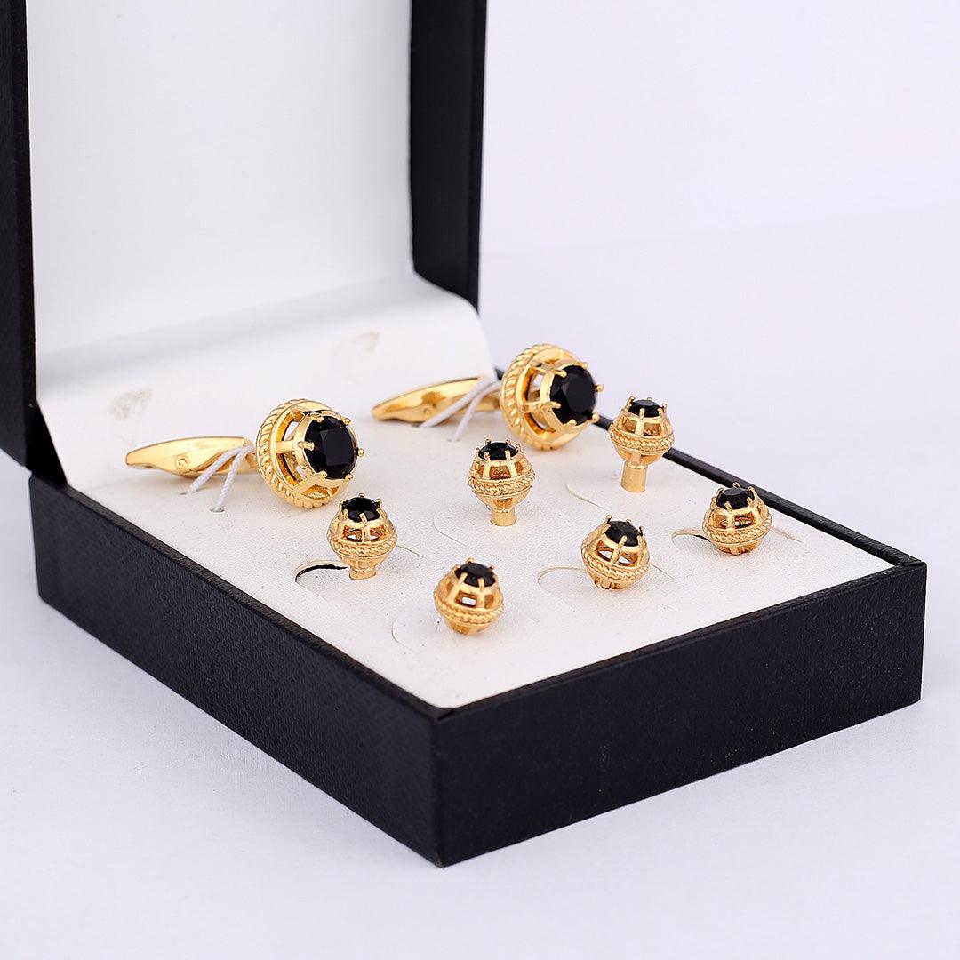 Men's Gold With Black Crystal Designed Cufflinks And Botton Set - Obeezi.com