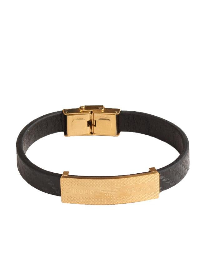 Men's plain Black Leather bracelet with gold block head - Obeezi.com