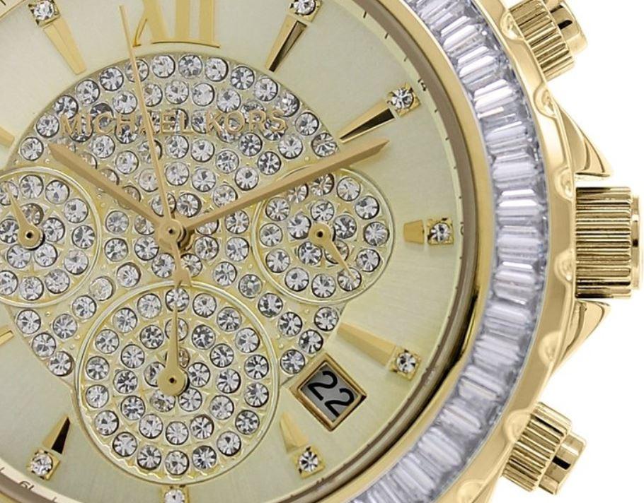 Michael Kors MK5810 Women's Crystal Gold Dial Gold Plated Steel Bracelet Glitz Chronograph Watch - Obeezi.com