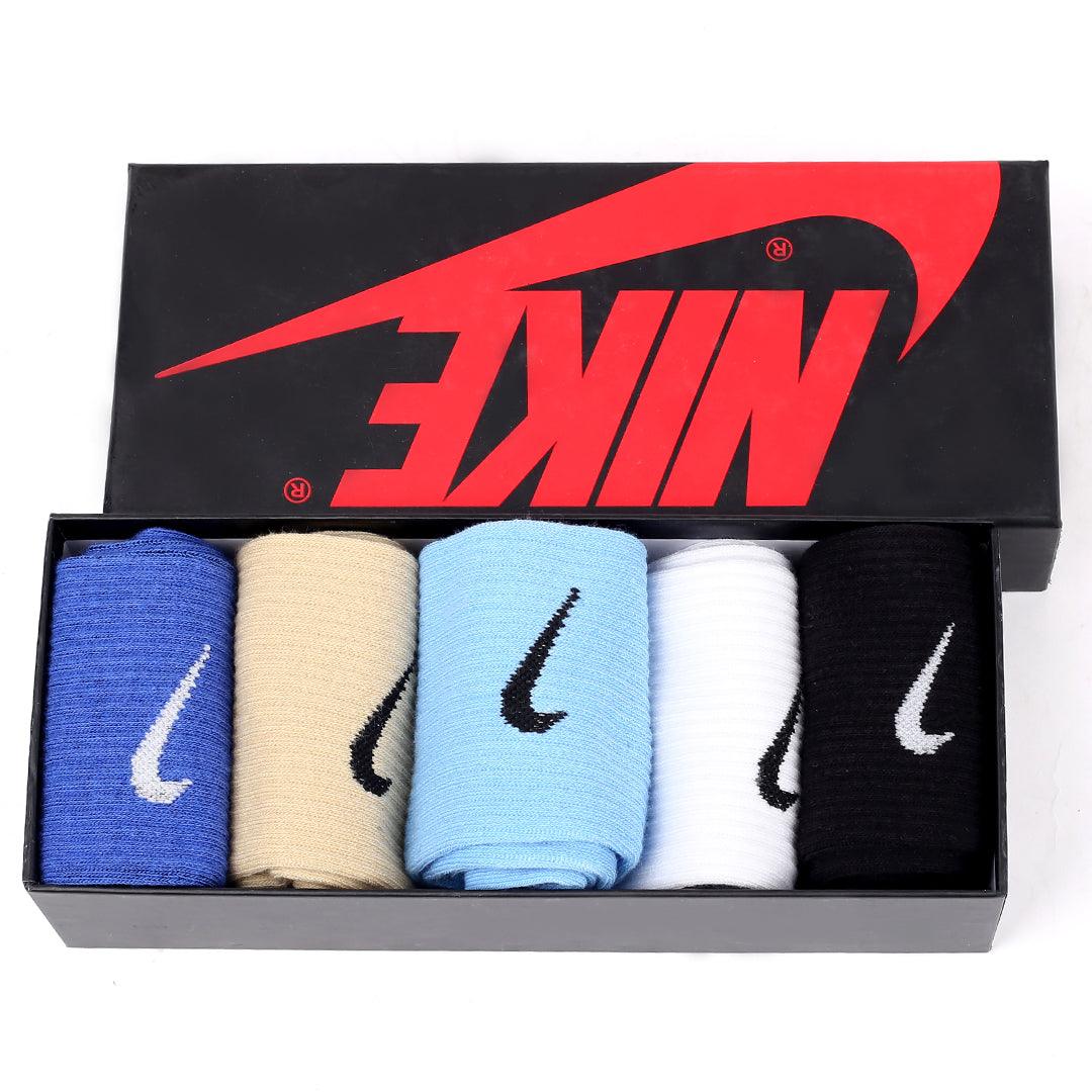Nk Logo Designed 5 Pairs Black, Royal Blue, White, Brown And Blue Socks - Obeezi.com