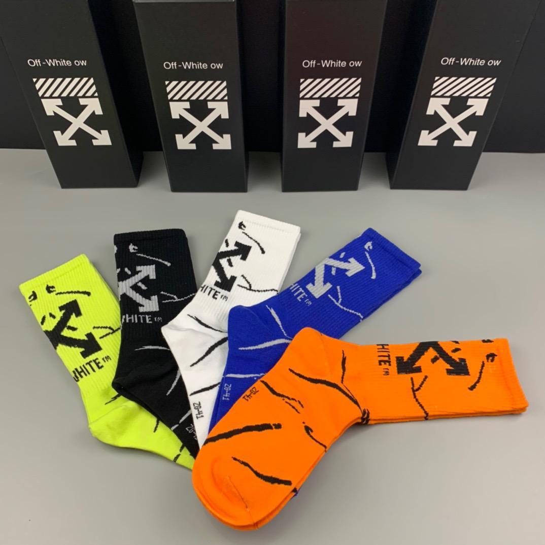 O.W Logo Designed Cotton 5 in 1 Black, White, Orange, Black and Green Socks - Obeezi.com