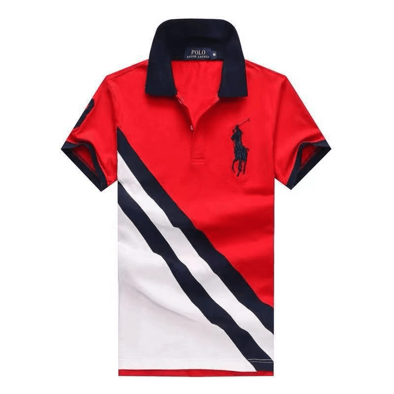 PRL Custom Fitted Big Pony Diagonal Patterned Polo Shirt- Red and White - Obeezi