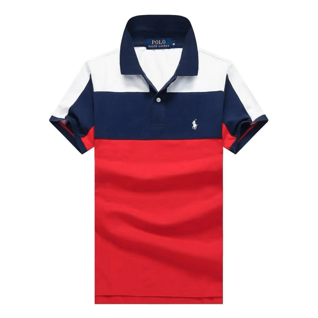 PRL Striped Cotton Small Pony Mesh Polo Shirt- White Navy Blue Red - Obeezi.com