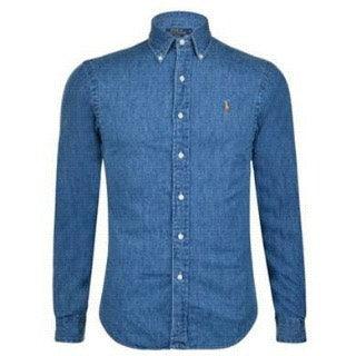 R L Custom Fit Denim Blue Longsleeve Shirt - Obeezi