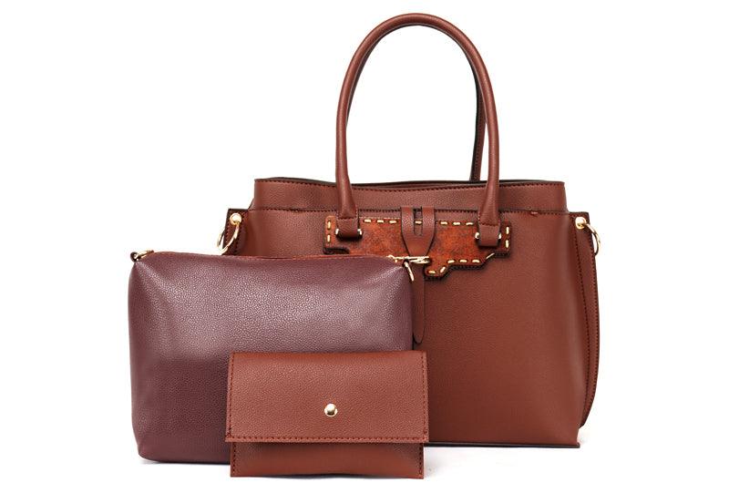 Rad Brown Leather 3 In 1 Handbag With Wood Trimmings - Obeezi.com