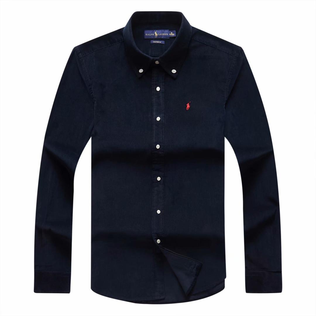 RL Custom Fit NavyBlue Suede Long-Sleeve Shirt With Small Pony - Obeezi