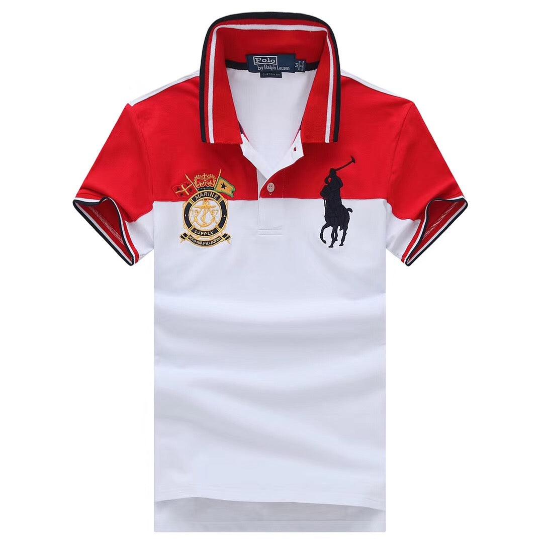 RL Custom Fitted Marine wht/Red Short Sleeve Polo - Obeezi