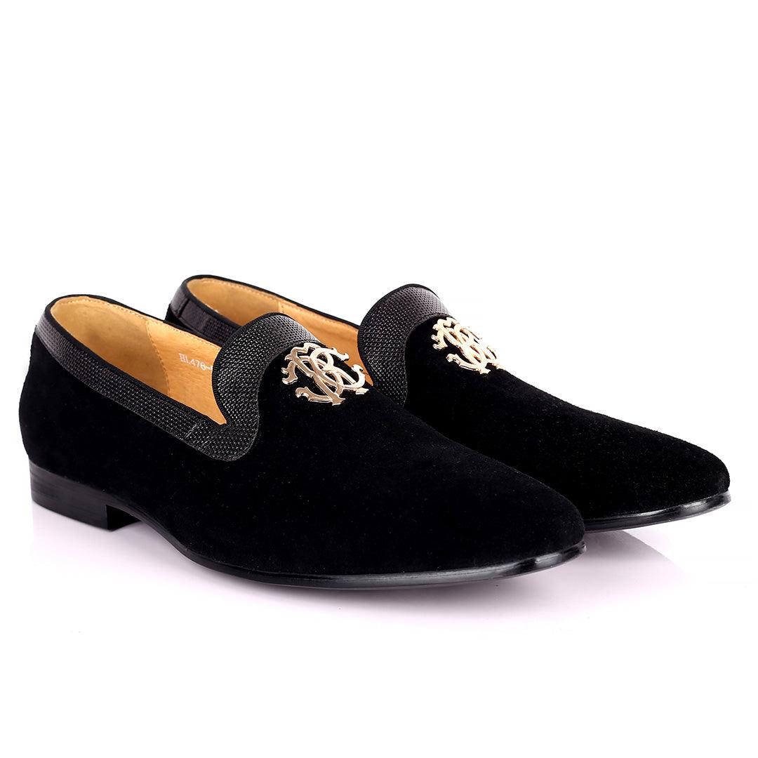 Robert Exquisite Gold Logo Designed Black Suede Shoe - Obeezi.com