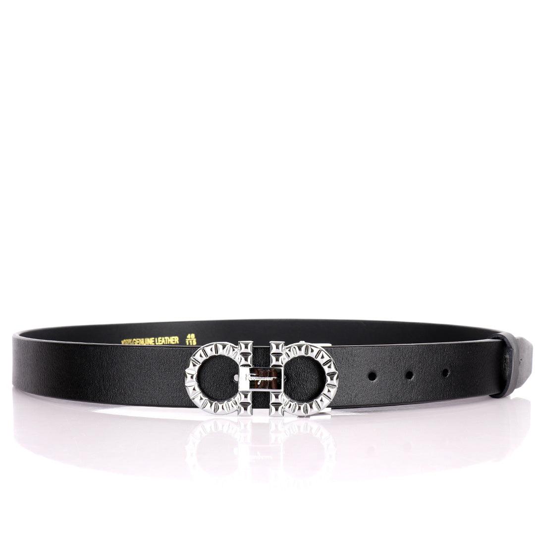 Salvatore Ferragamo Exquisite Silver Designed Men's Leather Black Belt - Obeezi.com