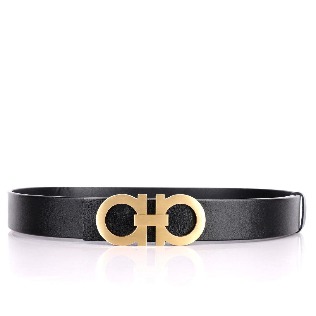Salvatore Ferragamo Gold Designed Men's Leather Black Belt - Obeezi.com