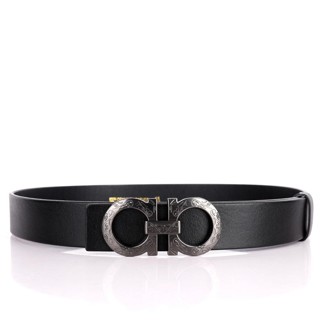 Salvatore Ferragamo Silver Scripted Logo Designed Men's Leather Black Belt - Obeezi.com