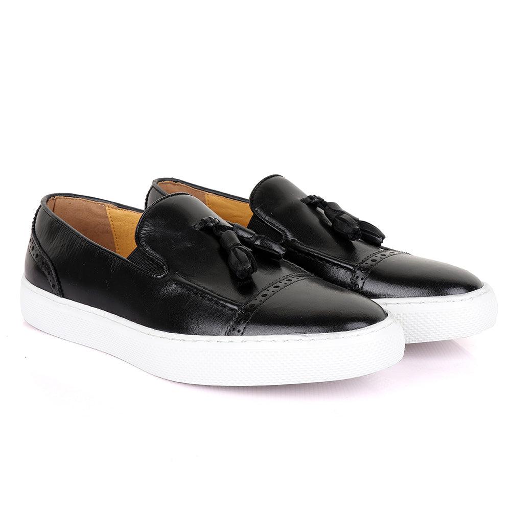 Terry Taylor Black Leather Tassel Sneaker Shoe - Obeezi