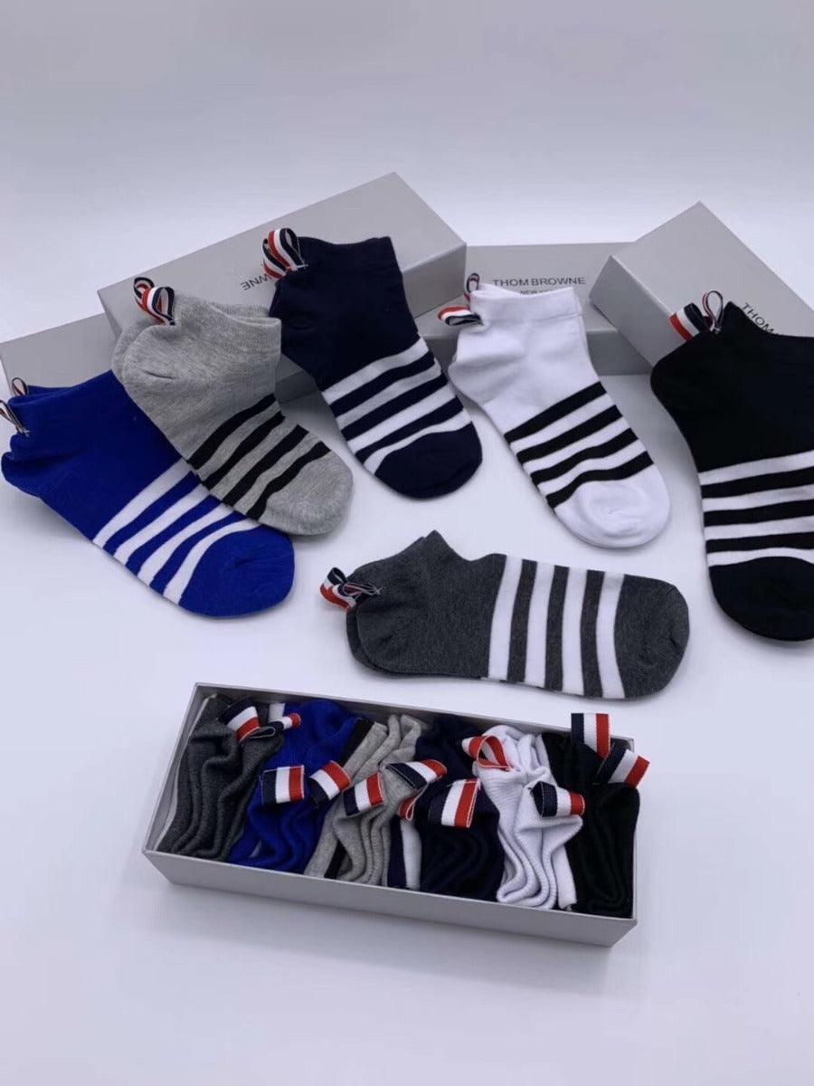 Thom Browne Crested 6 in 1 Pack Black Navy Blue White Grey Ash Blue Socks - Obeezi.com