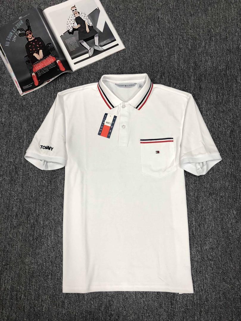 Tommy Hilfiger Custom Fit Crested Design Plain White with Striped Collar - Obeezi