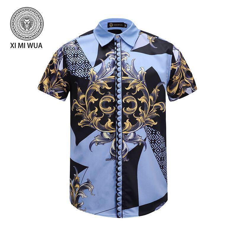 VE Vintage Men"s Royal Blue Black Camouflage Print Silk Shortsleeve Shirt - Obeezi
