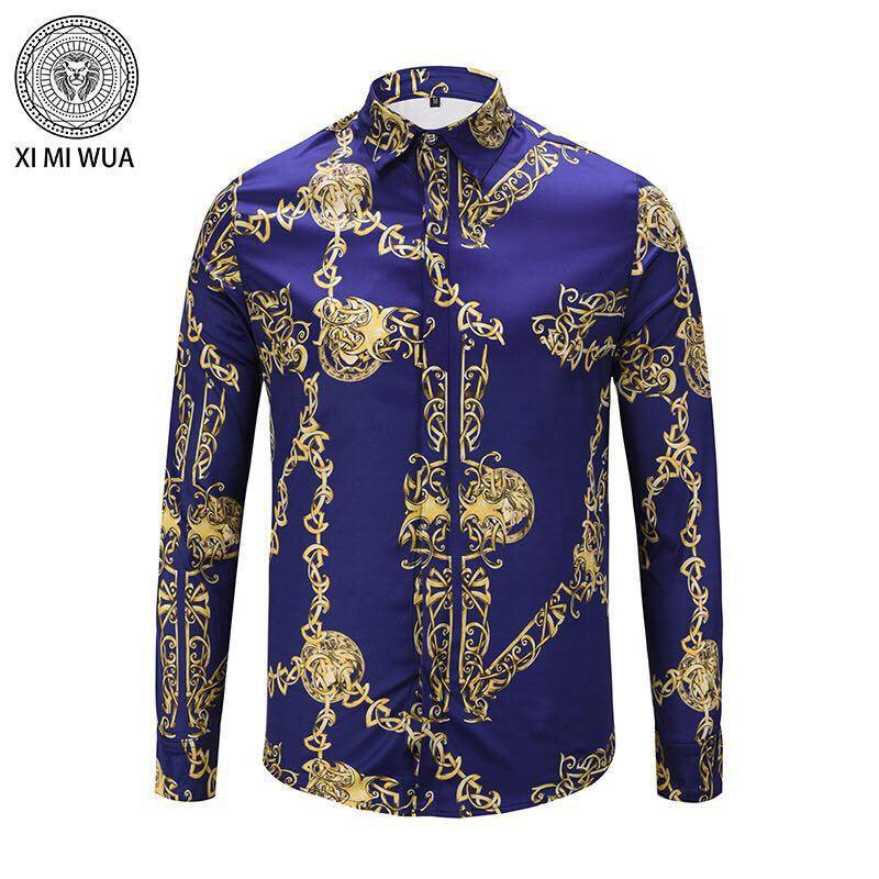 VE VINTAGE Men's Style Silk Print Blue Yellow Shirt - Obeezi