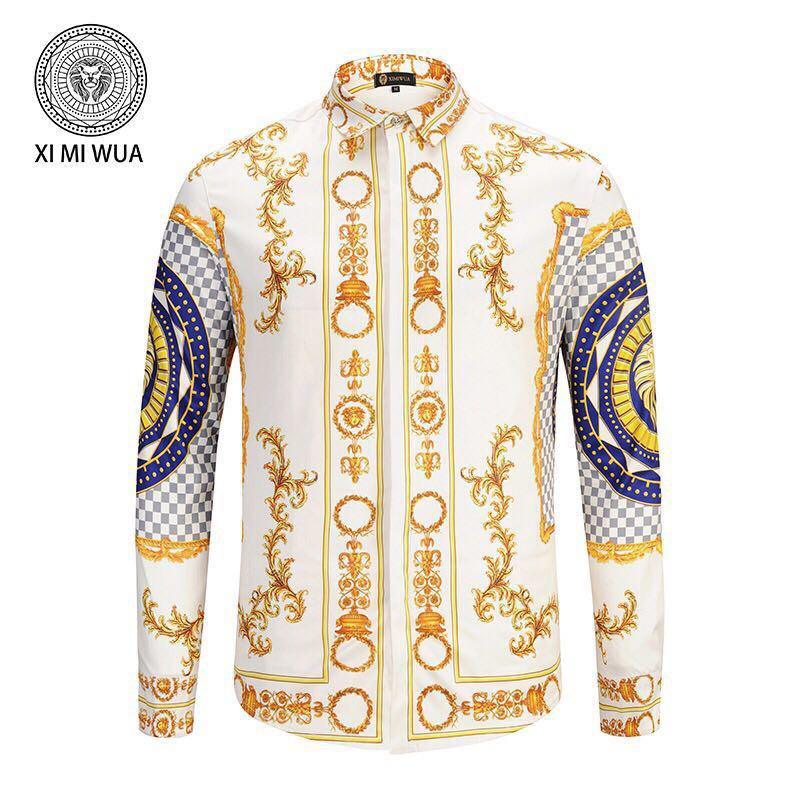Ve Vintage Printed Long Sleeve Trim Fit White Gold Shirt - Obeezi