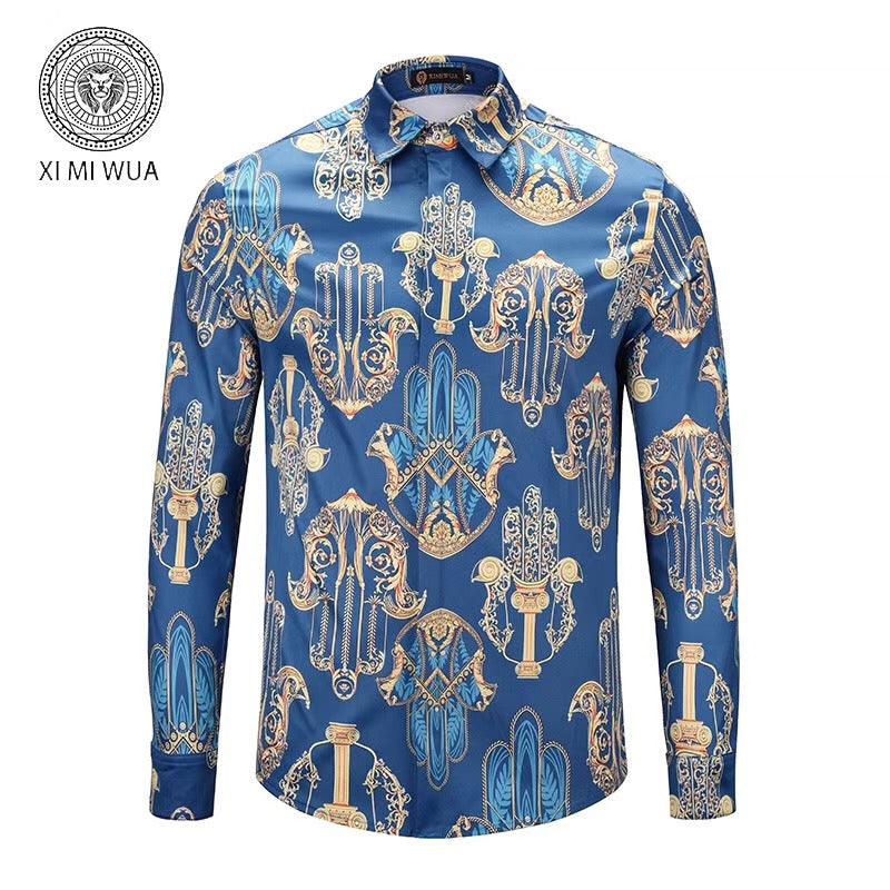 VE Vintage Printing Blue Gold Men's Long Sleeved Shirt - Obeezi