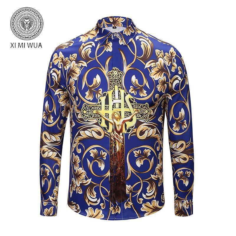 VE Vintage Printing Yellow Gold Blue Men's Long Sleeved Shirt - Obeezi