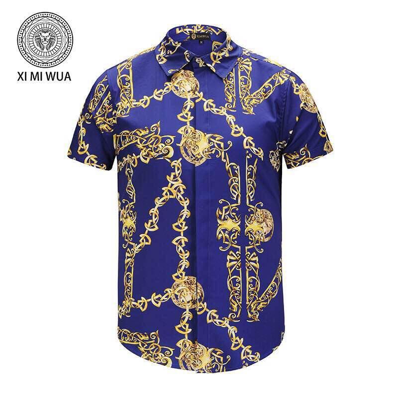 VE VINTAGE Silk Print Blue Yellow Men's short sleeve Shirt - Obeezi